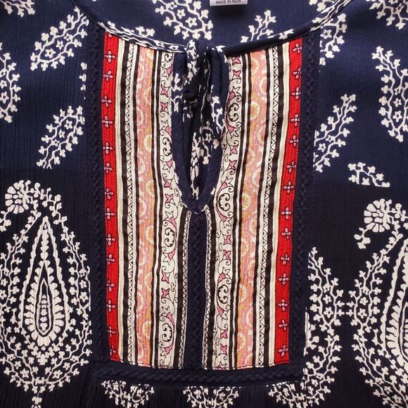 BILA Tunic Top Womens M Blue Red Floral Boho Peasant 3/4 Sleeve Tassel Paisley - Picture 5 of 14